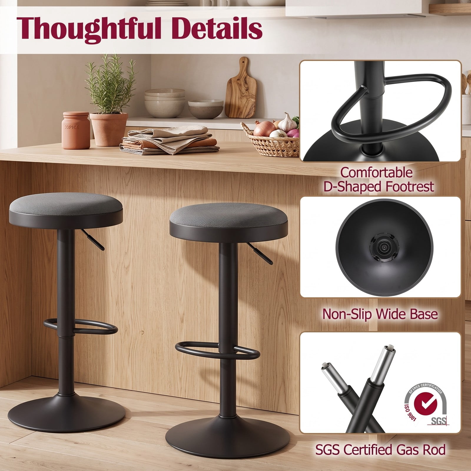 Furnibear Set of 2 Adjustable Bar Stools, 360 Swivel Kitchen Counter Height Stools with Padded Fabric Seat, D-Shaped Footrest and Non-Slip Base, 330 lb Capacity, Black