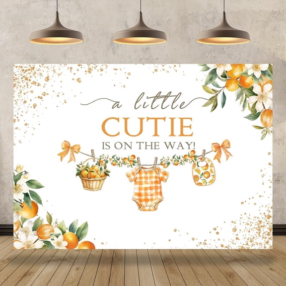7x5FT Little Cutie Baby Shower Backdrop for Girls A Little Cutie is On The Way Photography Background Citrus Orange Newborn Birthday Party Decorations Cake Table Banner Supplies Photo Booth Props