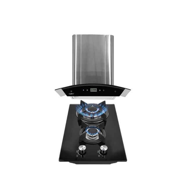 combo parrilla cristal odipo campana pared 76 cm campana tipo pared en acero inoxidable con cristal templado curvo negro, control digital touch y opción extractora con tres velocidades; parrilla empotrable de vidrio templado negro con 2 quemadores, arañas de hierro fundido, encendido eléctrico y perillas metalizadas; adecuada para cocinas compactas por su diseño empotrable.