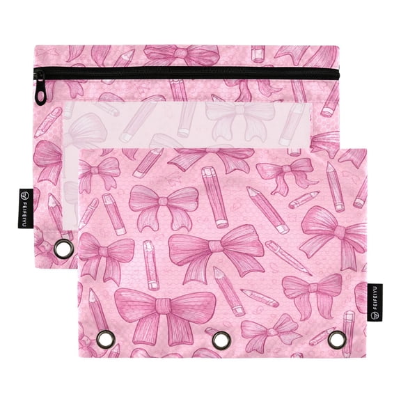 2 Pack 3 Ring Binder Pouch with Clear PVC Window Water Resistant Zipper Pencil Pouch Pink Bows and Pencils Binder Pocket for Classroom Office Home Stationery Organization