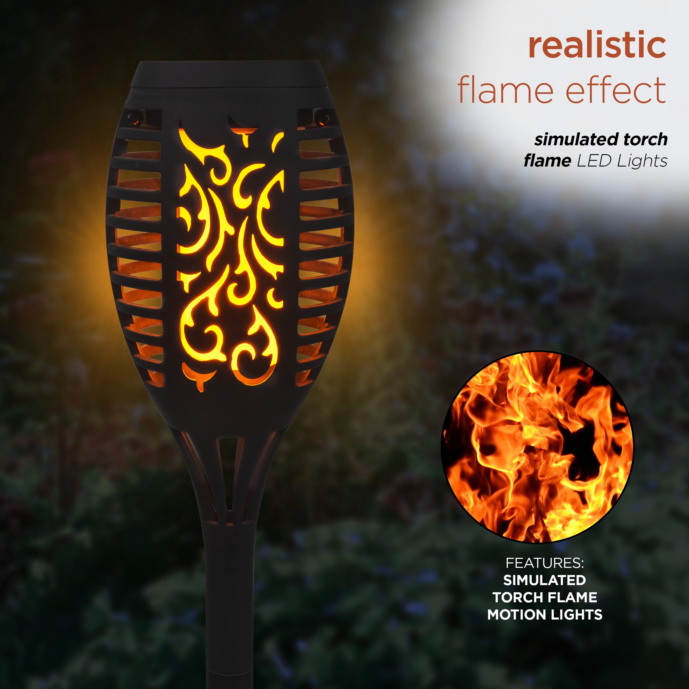 Alpine Corporation 20" Outdoor Solar Torch Flame LED Light Pathway Stake, Black (Set of 6)