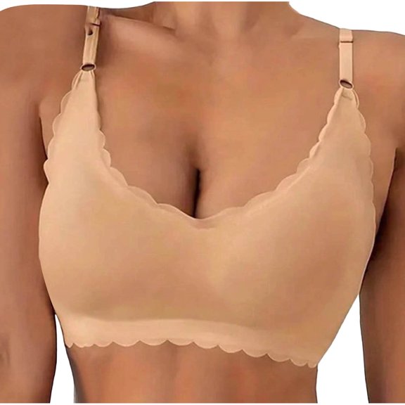 Fmbrln Bras for Women Solid Color Seamless Scalloped Push Up Bra Adjustable Thin Straps Padded Comfy Bralette Beige M