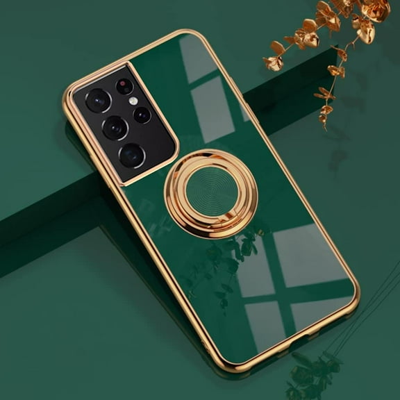 Electroplated Magnetic Ring Holder Case, 360 Degree with Rotation Metal Finger Ring Holder Magnet Car Holder Soft Silicone Shockproof Cover for Samsung Galaxy S22 Ultra 5G - Drak Green
