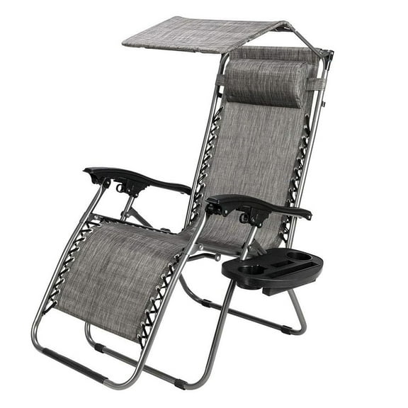 Zero Gravity Chair with Canopy Patio Sunshade Lounge Chair, Adjustable Folding Shade Reclining Chairs with Cup Holder and Headrest for Beach Garden, Grey