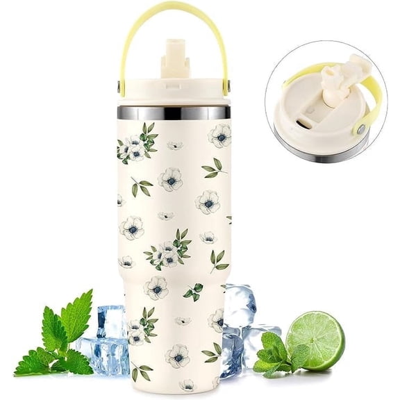Ochapa Camellia 30oz Tumbler Stainless Steel With Handle Flip Straw, Leakproof Travel Mug iced Coffee Cup, Birthday Mothers Day Christmas Gifts For Women Friends Girls Flower Lovers