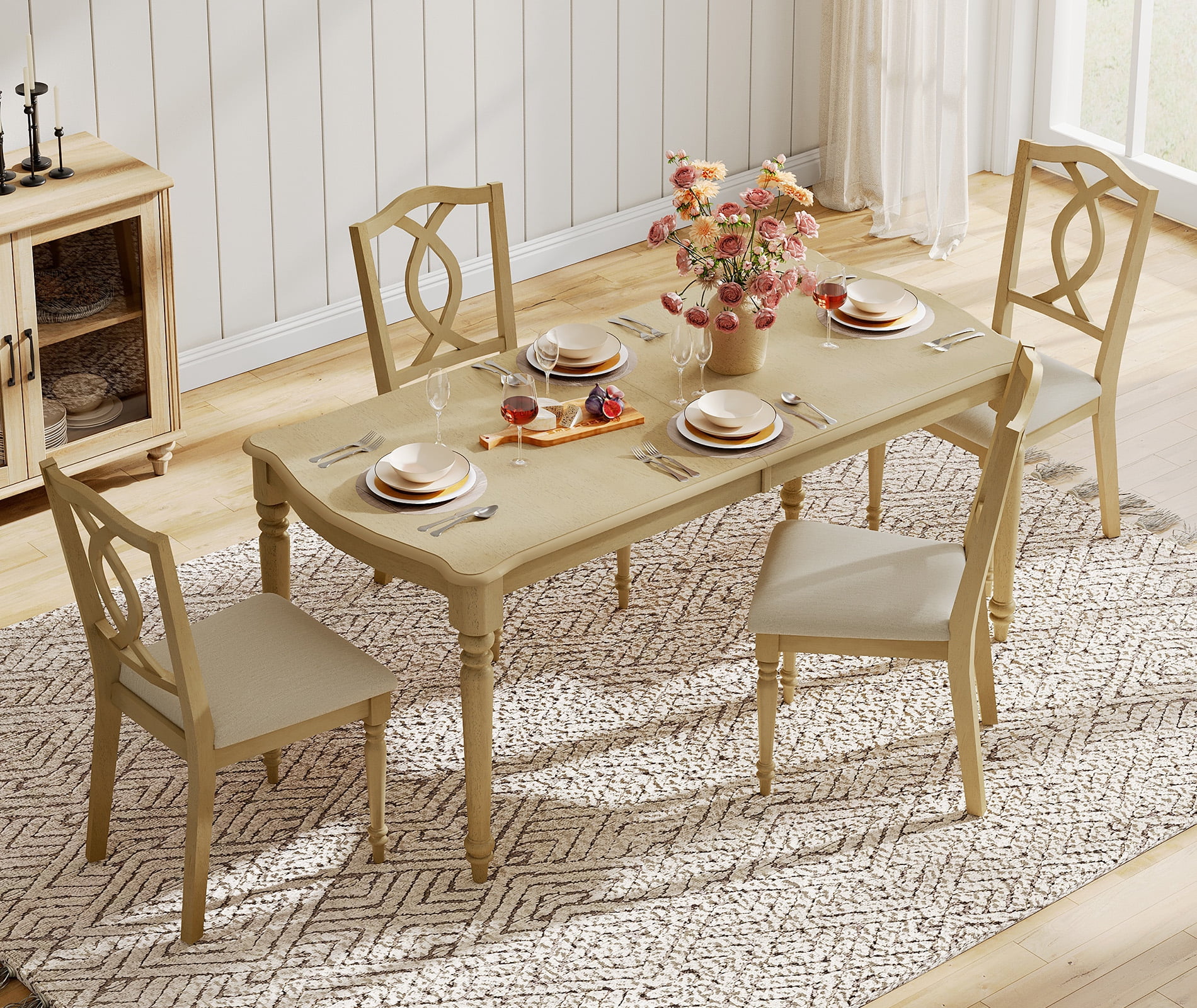 Set of 4 Dining Chairs with Cross-Back & Upholstered Seat, Farmhouse Kitchen Chair with Solid Wood Legs for Dining Room, Oak