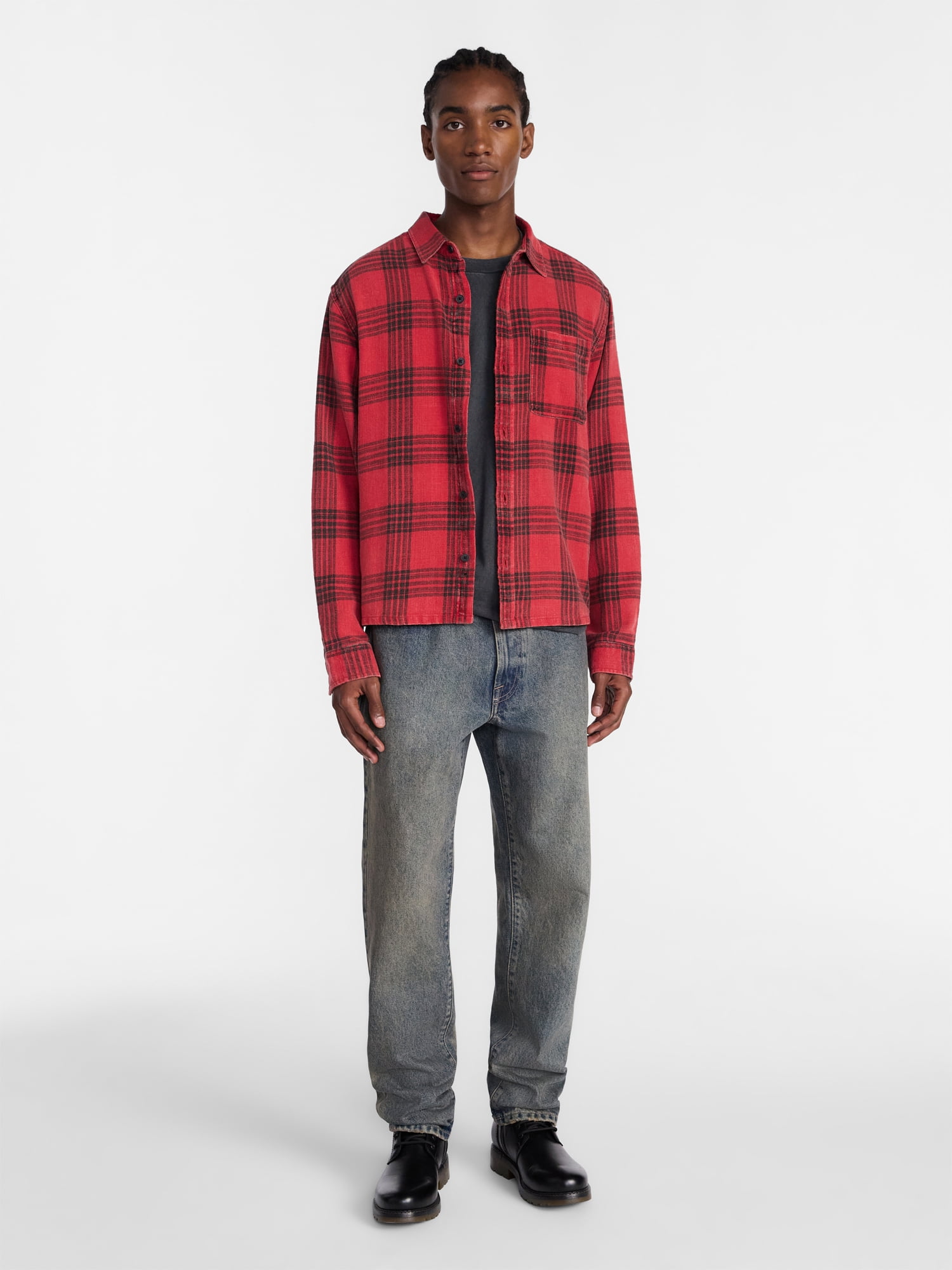 No Boundaries Boxy Fit Grunge Flannel Shirt with Long Sleeves, Men's XS-4XLT