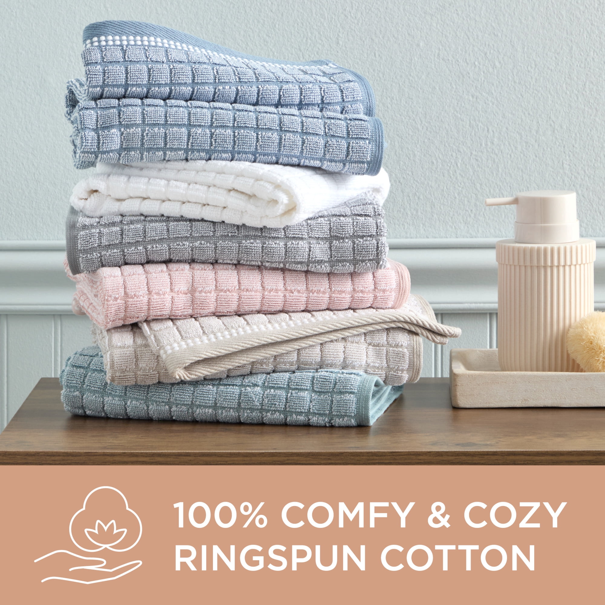 TOWN & COUNTRY EVERYDAY 4-Piece Textured Windowpane Hand Towel Set, 20"x30", 100% Cotton, Plush & Absorbent 550GSM, Beige