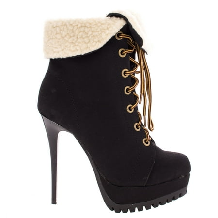 Cavino by Shoe Republic, Women Work Boots Ankle Booties w Faux Shearling on High Heel & Lug (Best High Heels For Work)