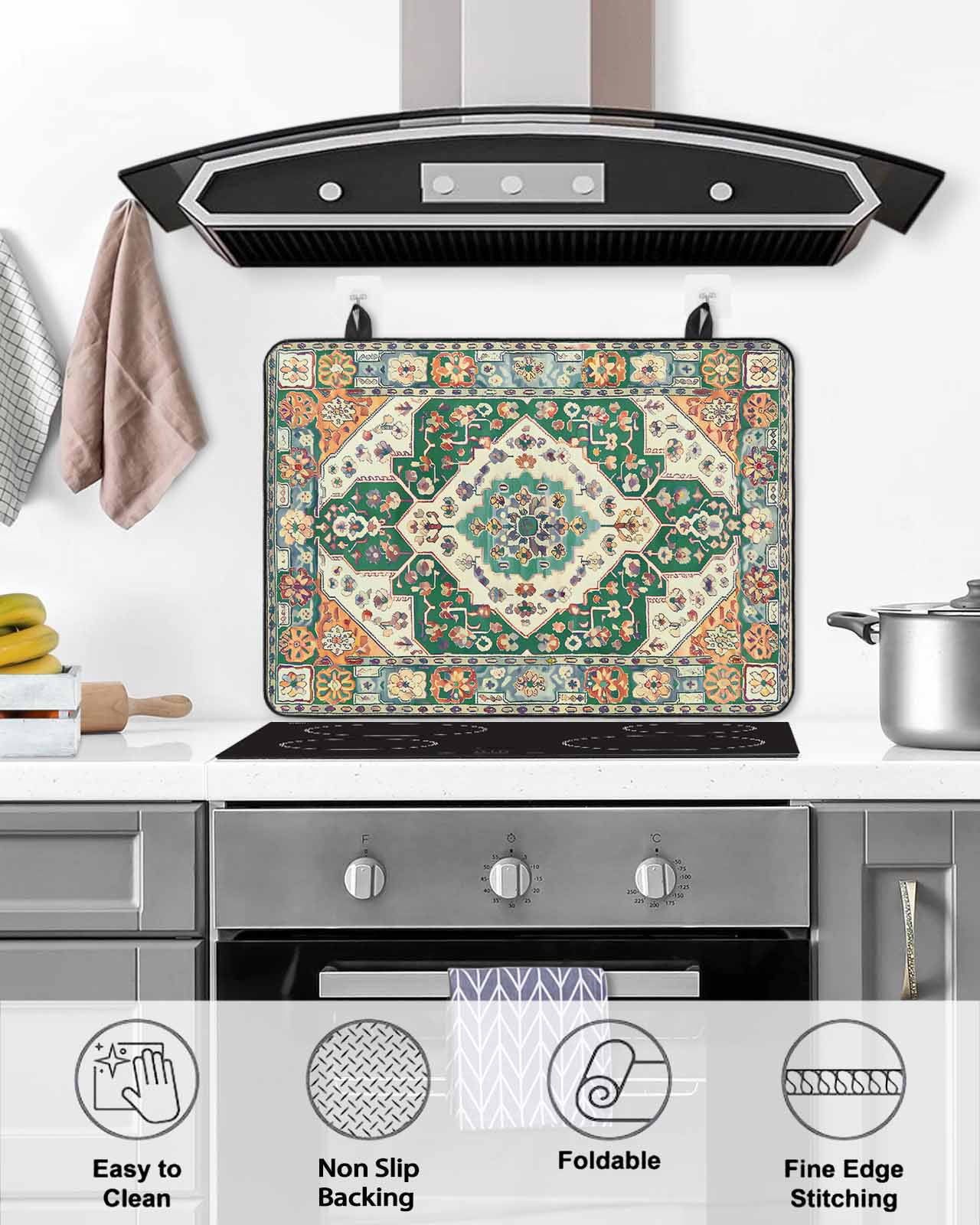 nqOlkjepod Large Induction Cooktop Protector Mat 24"x21", Green Orange Beige Boho Stove Top Covers for Electric Stove, Retro Ethnic Tribal Abstract Art Stove Burner Cover Mats, Glass Top Stove Cover