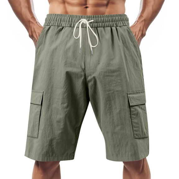 Domuza Mens Linen Cargo Shorts Casual Beach Workout Running Athletic Shorts Solid Color Trousers Elastic Waist Pant Army Green 2XL