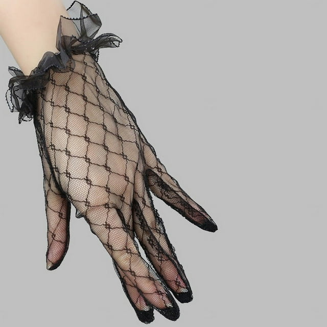 Guantes de encaje negro con foto de hilo, guantes cortos para ceremonia de boda, guantes de novia