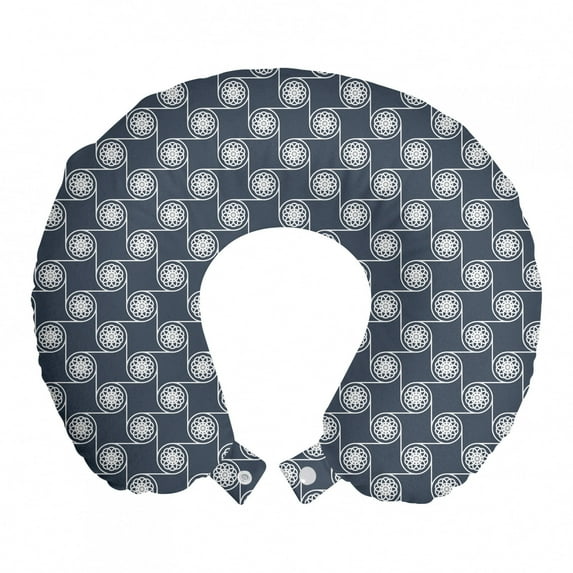 Japanese Travel Pillow Neck Rest, Floral Detailed Circles with Lines Eastern Ornament Pattern, Memory Foam Traveling Accessory Airplane and Car, 12", Charcoal Grey Dark Blue, by Ambesonne