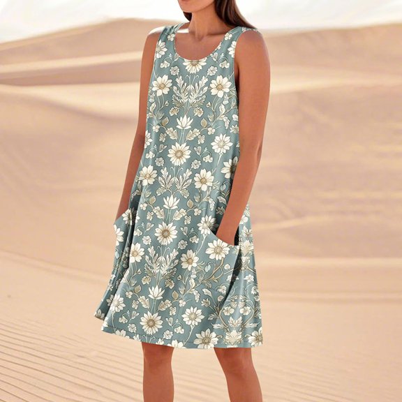 Qulqfy Cotton Linen Womens Summer Dresses Sleeveless Floral Print Midi Wedding Guest Square Neck Casual with Pockets Beach Vacation Work White Sundresses L