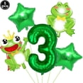 thumbnail image 4 of Decoración de cumpleaños de rana, pancarta con globos de papel de aluminio Mylar de rana verde, mantel para baby shower, suministros para fiestas de cumpleaños con temática de ranas en el jardín, 4 of 5