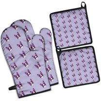 Purple Boston Terrier Puppy Kitchen Oven Mitt and Pot Holder Sets 4 Pcs for Baking, Cooking and Grilling, Heat Resistant Up To 392 °F