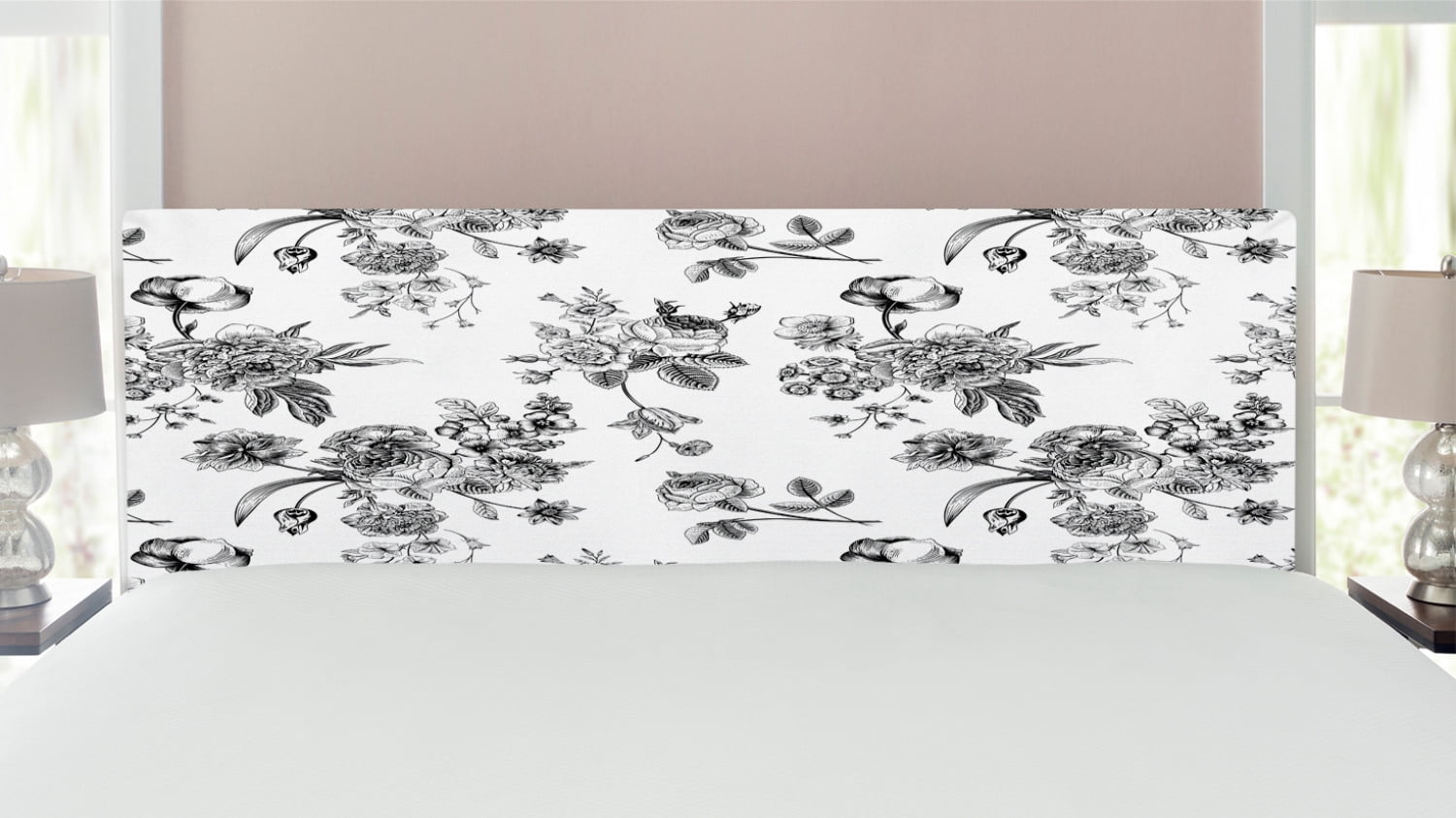 Black and White Headboard, Vintage Floral Pattern Victorian Classic