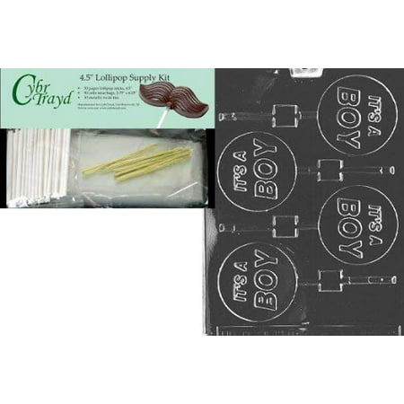Cybrtrayd 45StK50-B023 It's a Boy Lolly Chocolate Candy Mold with Lollipop Supply Kit, Includes 50 4.5-Inch Lollipop Sticks, 50 Cello Bags and 50 Metallic Twist Ties