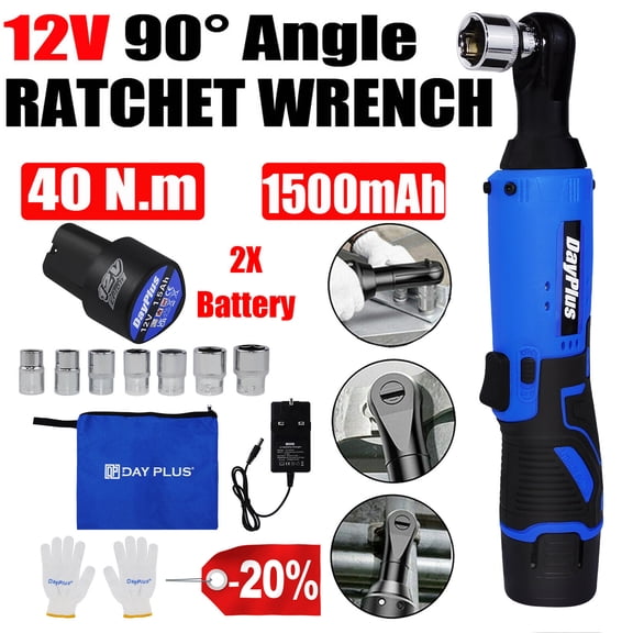 Dayplus 3/8'' Electric Cordless Ratchet Right Angle Wrench Tool Set   2 Battery   Socket