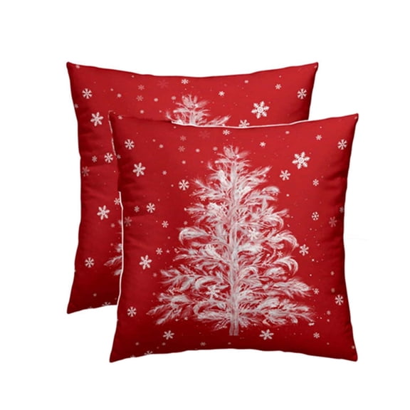 Christmas Throw Pillow Covers Set of 2, Red with White Feathery Tree and Snowflakes, 18x18 Inch Winter Cushion Cases for Couch