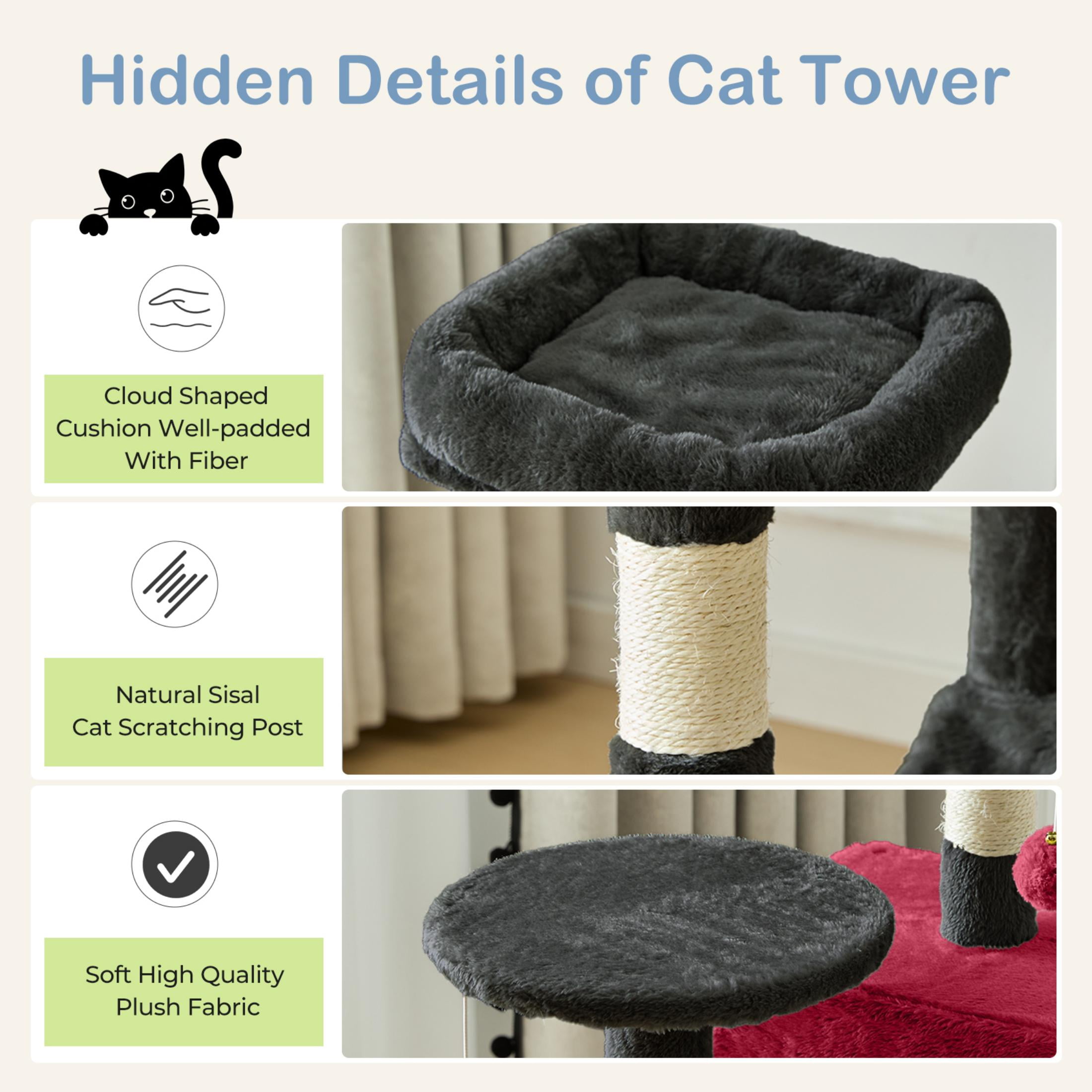 EDX 44" Cat Tree Tower for Indoor Cats, Multi-Level Durable Climbing Tower, Pet House with Natural Sisal Scratching Post, Cozy Condo, Extended Platform, Kitten Toy and Hammock, Black & Red