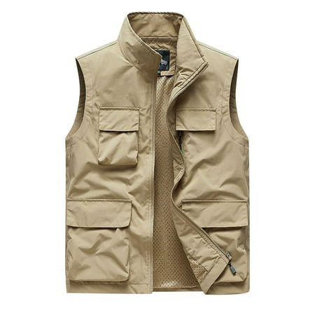 Awdenio Men s Stand Up Fishing Vests Lightweight Safari Travel Hunting Solid Color Sleeveless Waistcoat with Multi-Pockets