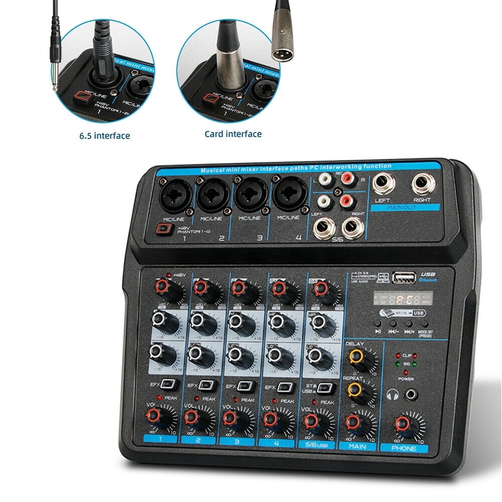 Professional Audio Mixer 6 Channel Digital Mixer, Bluetooth Sound Board DJ LED Mixers with 48V Phantom Power, USB Interface Stereo Mixing Console Analog Mixer for Karaoke Podcasting