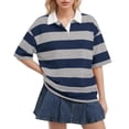 thumbnail image 2 of Rugby Shirt Women Striped Short Sleeve Polo Shirts Oversized Collared Summer Color Block Tee Tops, L, 2 of 5