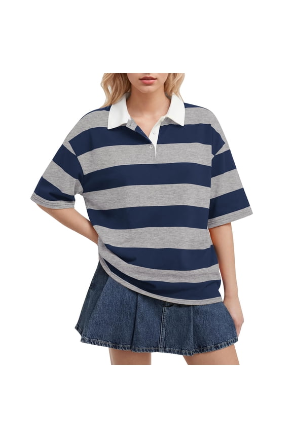 Women's Rugby Shirt Striped Polo Shirts Oversized Short Sleeve Lapel V Neck Tee Summer Pullover Tops Gray L