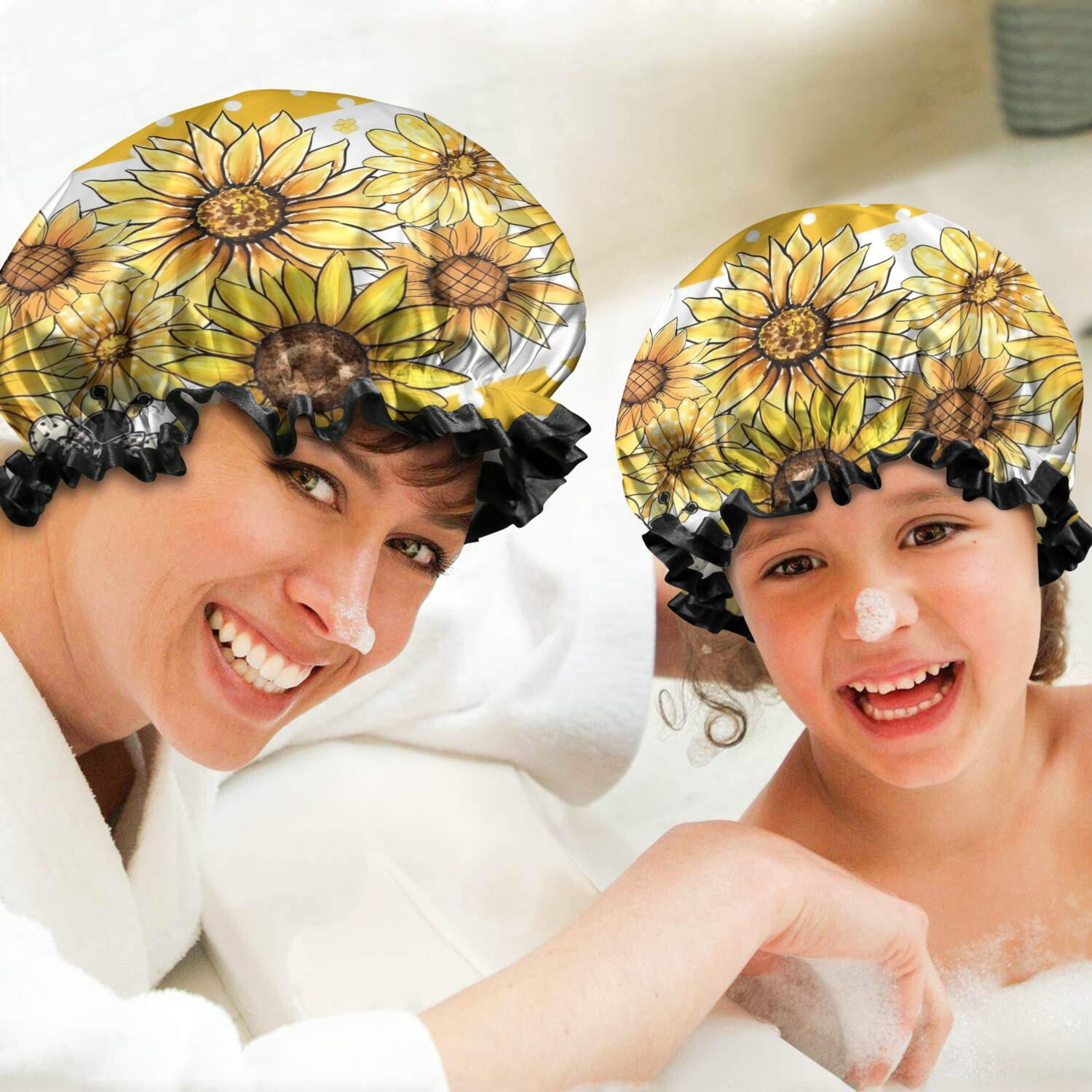 Shower Caps,Yellow Dot Sunflower Bee Pattern Waterproof Shower Cap for Women 4 Pieces,Double Reusable Hair Cover for Shower PEVA Elastic Stretch Hem