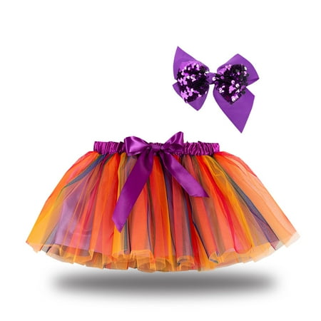 

Kids Girls Rainbow Tutu Skirt 3-Layer Tulle Princess Ballet Dress with Bowknot Hair Clip Set