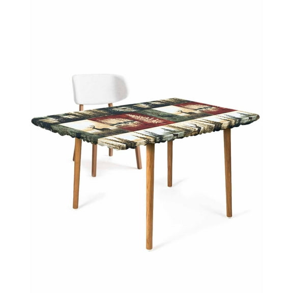 Forest Reindeer Rectangle Tablecloth, Waterproof Elastic Fitted Table Covers for 4 Foot Tables, 24x50inch Decorative Tablecloths for Picnic, Camping, Outdoor, Country Rustic Green Red Patchwork