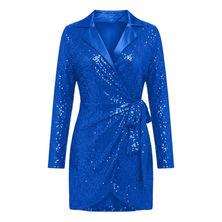 Ygbgbb Women Sequin Wrap Mini Dress, Lapel Collar Long Sleeve Tie Waist Surplice V Neck Party Dress for Nightclub Cocktail Evening Blue XXL