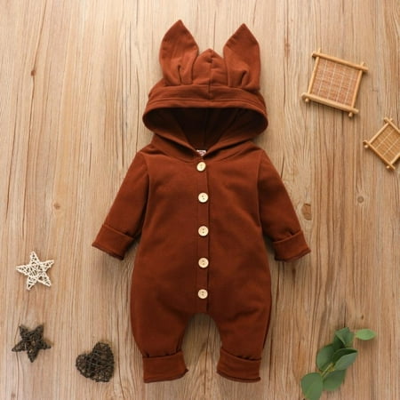 

Baywell Infant Baby Girls Boys Rompers Autumn Rabbit Ears Hooded Solid Long-sleeved Breasted Jumpsuit Newborn Romper Clothes