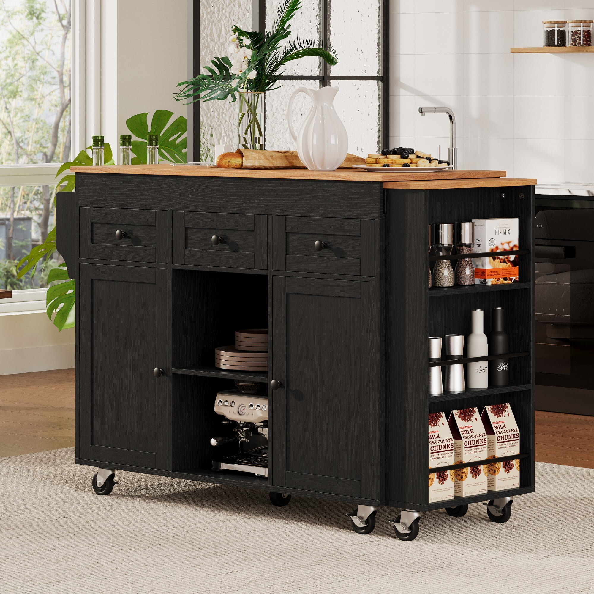 AENKYO 85.5" Kitchen Island with Extendable Table, Charging Station, Mobile Serving Cart with Storage Shelves, Black