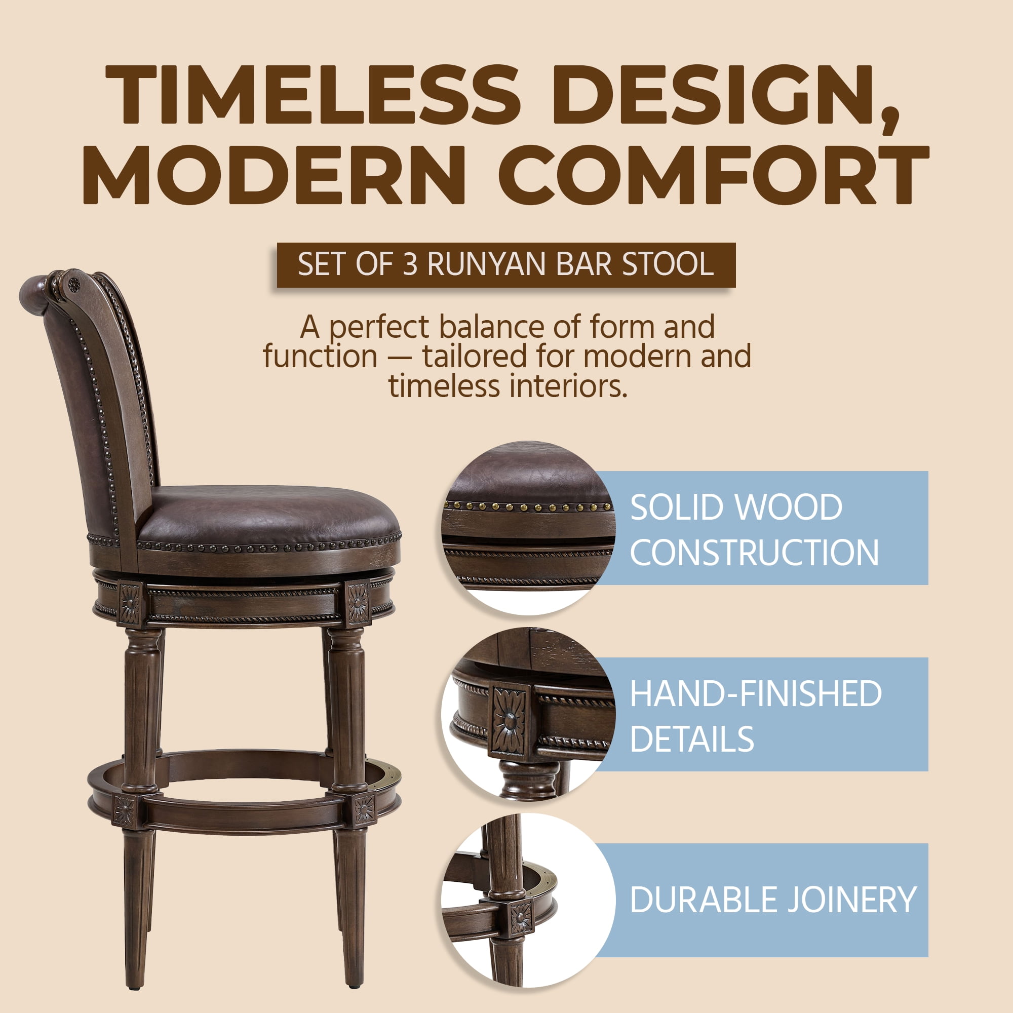 ROME + OAK Runyan 31" Swivel Bar Stool, Dark Walnut Wood, Vintage Brown Faux Leather, Set of 3