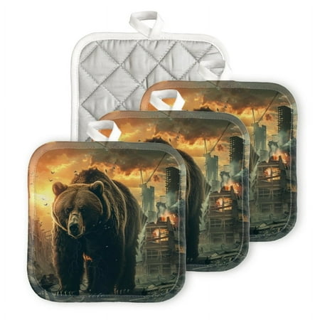 

Bahomeck Pot Holder 4Pcs Grizzly Bear Standing In The Middle Of City Square Heat Resistant Hot Pads For Kitchen Cooking Oven With Hanging Loop Potholder Easy To Store