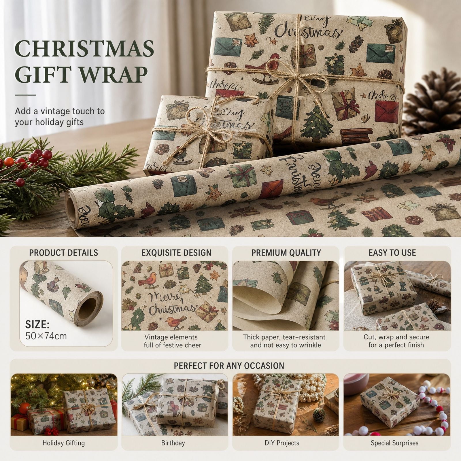 Christmas Gift Wrapping Paper Vintage Printed Decorative Paper For Holiday Gift Packing And DIY Craft Project