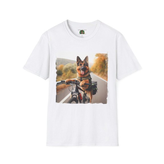 German Shepherd Dog Road Biking! Unisex Softstyle T-Shirt