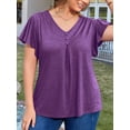 thumbnail image 3 of FlorCurve Plus Size Blouse for Women V Neck Pleated Button Flutter Short Sleeve Tops Casual Cotton Tunic Shirts, Purple 3XL, 3 of 6