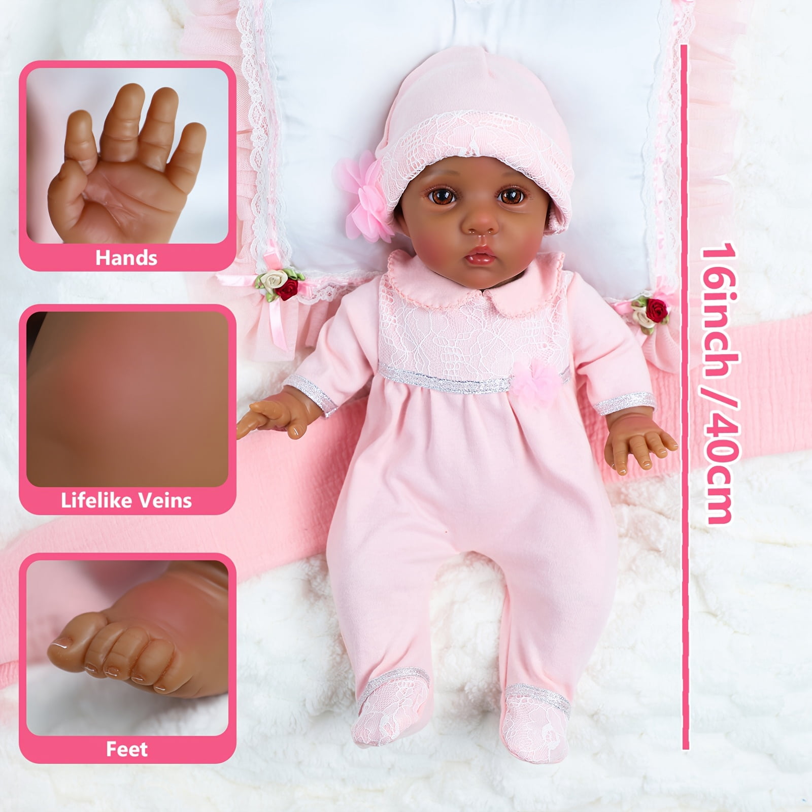 16 Inch Reborn Baby Doll Girl, Black Realistic Newborn Doll With Brown Eyes Pink Outfit, Lifelike Soft Body Baby Doll Collectible Toy For Role Play, Birthday Christmas Gift For Girls Age 3+