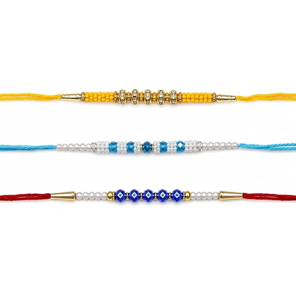 Designer Rakhi Bracelet Set of 3 for Raksha Bandhan with Ethnic Handwoven Threads, Decorative Beads, Handmade Festive Jewelry Gift