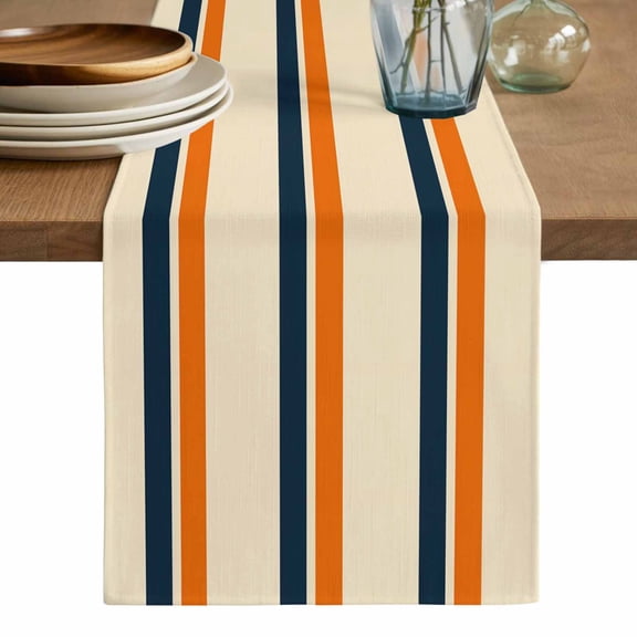 Orange Blue Stripe Table Runner, Minimalist Farmhouse Stripes Washable Cotton Linen Table Runners 48 Inches Long, Dresser Scarf Runner for Nightstand/Coffee/End Tables 13''x48''