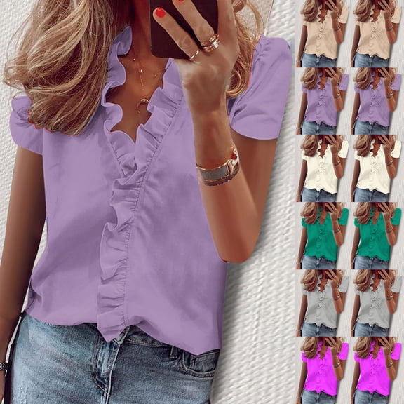 CHUMUD Womens Dressy Shirts Short Sleeve V Neck Ruffle Blouse Office Summer Trendy Casual Loose Fit