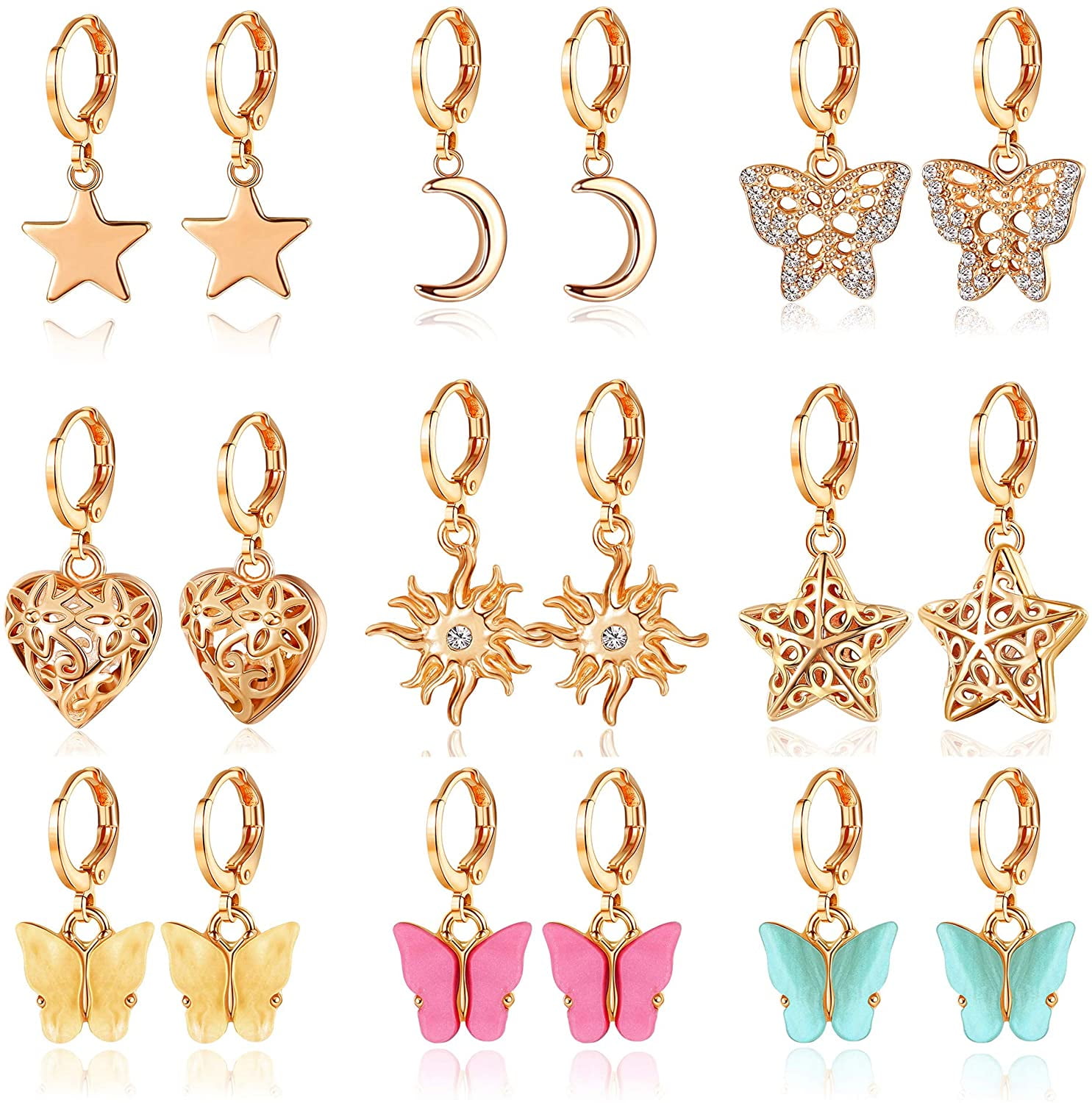 HISRFOCSP 9pairs Gold Small Hoop Dangle Earrings Pack with Charm For