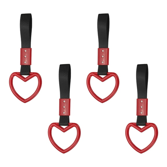 Uxcell 4 Pcs Heart Shaped Car Handle Straps, Car Hanging Accessories Bumper Warning Ring Drift Charm for Auto Bus Decor Interior Exterior Decoration, Red (Black Strap)