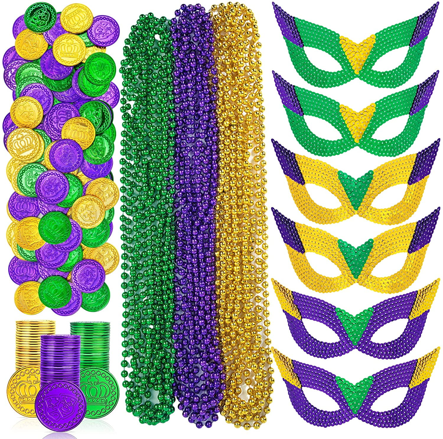 180pcs Mardi Gras Decorations Including Mardi Gras Mask Beads Necklaces Coins Party Favors - Mardi Gras Accessories for Mardi Gras Parade Masquerade