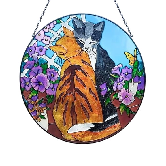 Stained Glass Window Hanging - 5 Cats on a Branch Suncatcher for Window Doors Home Decoration and Christmas, Mother's Day Father's Day Birthday Gifts for Women, Men, and Mom 8 inch