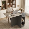 thumbnail image 5 of Hijob 47" Folding Dining Table for 4, Drop Leaf Dining Table with 6 Wheels and 2-Layer Storage Shelf, Space Saving Kitchen Table for Small Spaces, Apartment, Grey Carlo Oak + Matte Black, 5 of 9