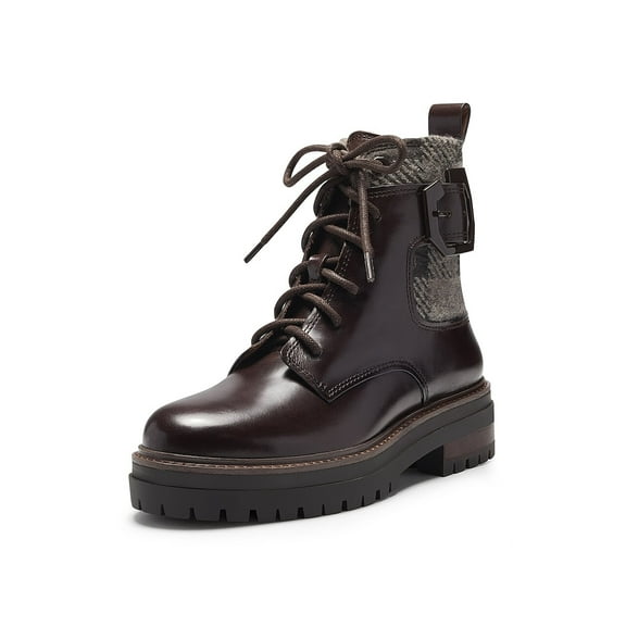 Louise et Cie Saliha Chunky Brown Leather Lug Sole Moto Chic Lace-Up Booties (FUDGE/GRANOL, 5)